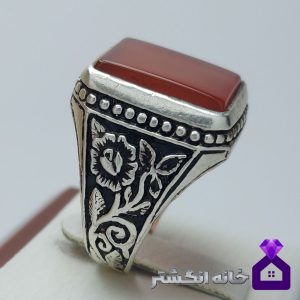 انگشتر عقیق سرخ مربعی با رکاب قلم زنی کد024