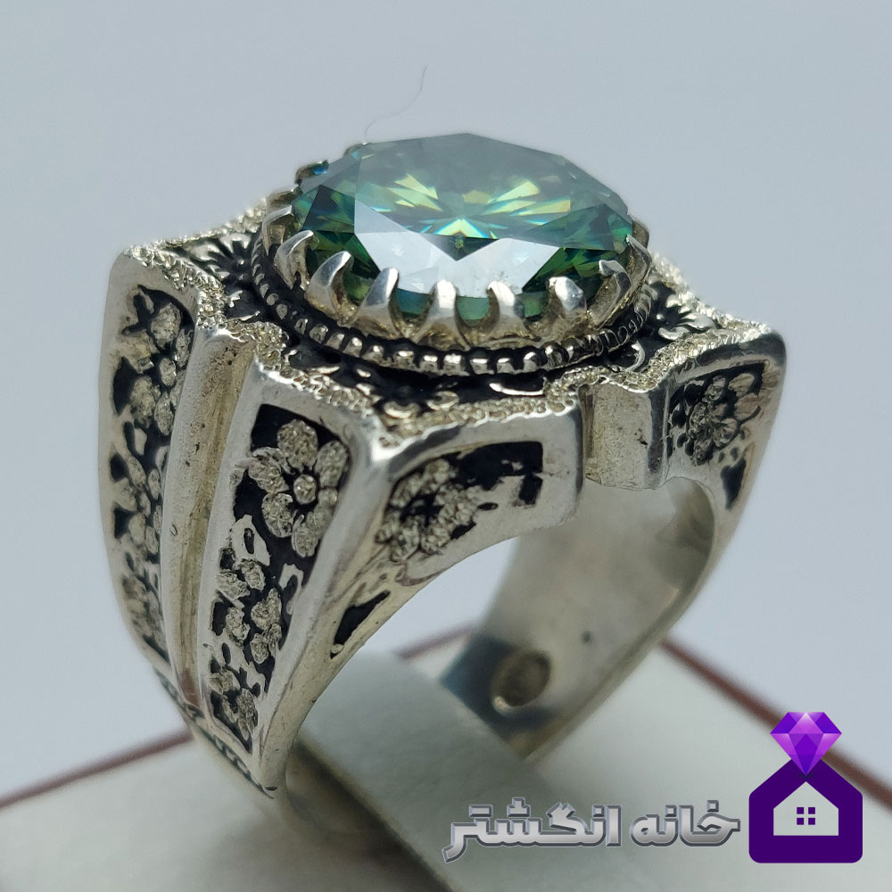 انگشتر الماس موزانایت با رکاب قلم کاری گل کد147 - Image 2